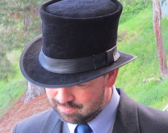 Black leather velvet & leather traditional / vintage / English style formal wear Top Hat perfect for weddings / races / black tie events