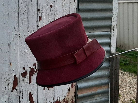 Burgundy Suede Wide-brim Hat Burgundy Tooled Foiled Wide brim Hat with Threading  main image 4