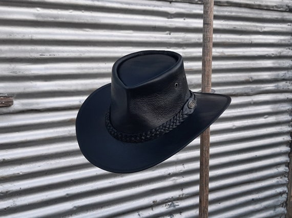 Cappello Bush Hat Marrone Cappello Fedora In Vera Pelle Stile Bush Australian | Marrone Con Mentoniera - Uomo Cappello Cowboy Nero - Foto 7