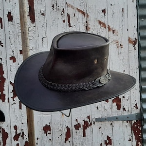 Deluxe rich brown kangaroo leather hand crafted Fold-Up Australian Bush Hat / Outdoor Hat perfect in all weather