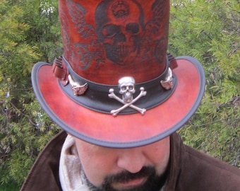 Leather Mens bullet hat band Steampunk / Gothic / Halloween Top Hat with skull 'n wings badges