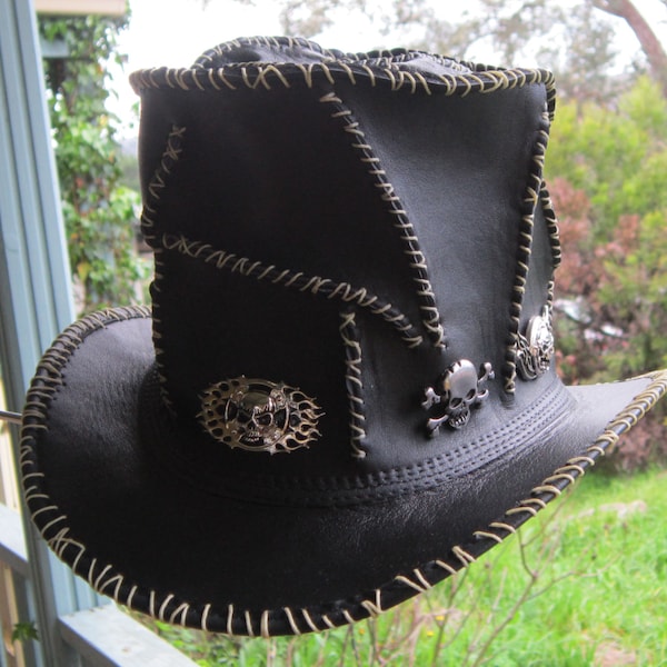 Black leather Guns 'n Roses heavy Metal band gothic steampunk Ashba style DJ Top Hat w. random stitching and skull & crossbone badges