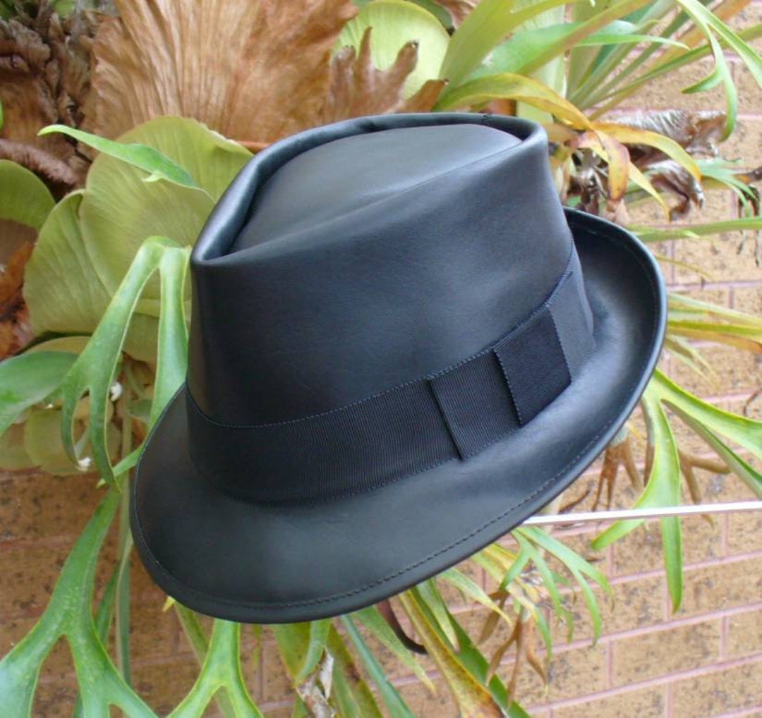 NEW YORK HAT★VINTAGE LEATHER FEDORA HAT New York Hat Co Lambskin Fedora Leather Black size L Made in