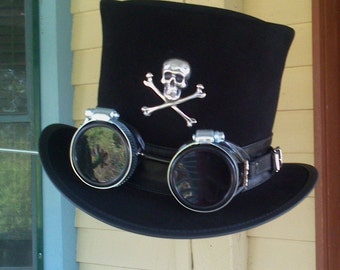 Black Suede Leather Steampunk Gothic Steam Powered Giraffe Style Top Hat with Aviator Goggles and Skull & Crossbones badge