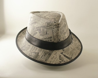Genuine Cowhide Leather Newspaper Print Fedora Gangster
