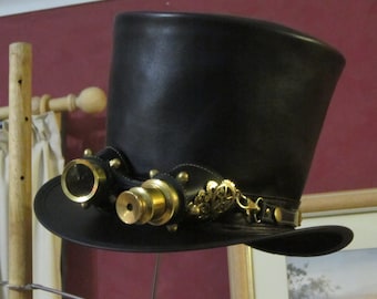Australian hand crafted black leather mens' Steampunk / gothic TOP HAT with aviator goggles & cogs / wheels brass decoration vintage style
