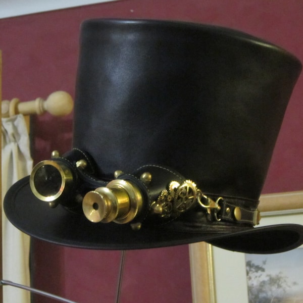 Australian hand crafted black leather mens' Steampunk / gothic TOP HAT with aviator goggles & cogs / wheels brass decoration vintage style