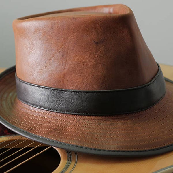 Tan kangaroo Leather Godfather Style Gangster Muso Band leader Hat / Fedora Hat