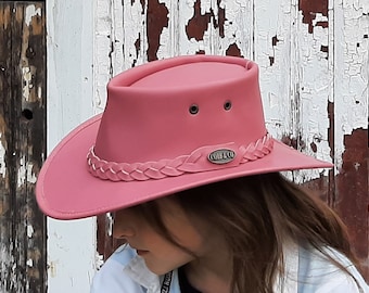 Chapeau bush australien en cuir rose pour enfant