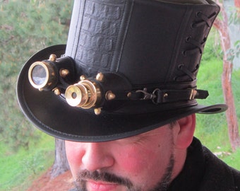 Black leather & matte croc print leather corsetry STEAMPUNK / GOTHIC mens and womens Top Hat with corset lacing and aviator goggles