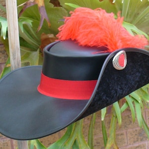 Black leather d'Artagnan Three Musketeers musical style costume Hat hand made in Melbourne