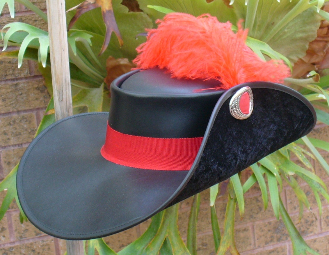 Cavalier Hat 22 Black Polyester Base with Green Trim, Feathers, and B
