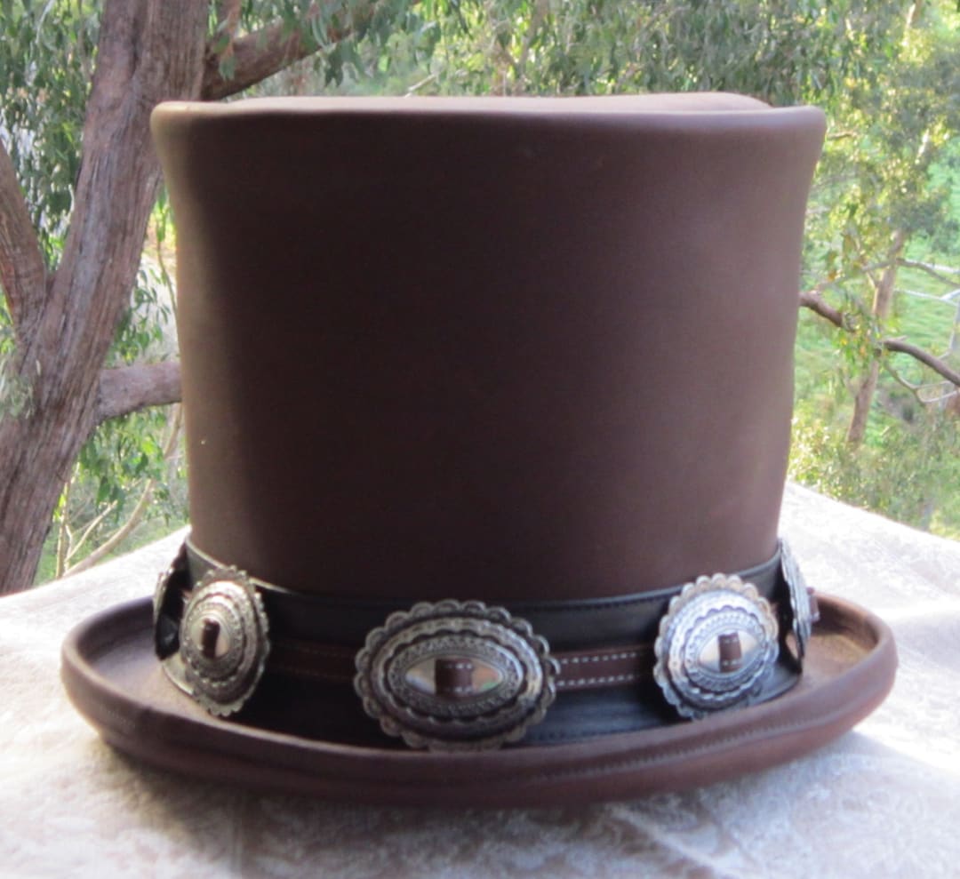 Brown Leather Hand Crafted Guns N' Roses Slash Style Deluxe Top Hat  Stovepipe Hat With Concho Hat Band