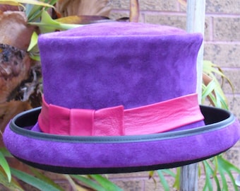 Purple suede leather formal fancy dress 1920s vintage / retro / burlesque / bowler / races ladies&#39; hat hand crafted in Melbourne