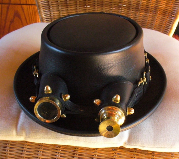 Black Leather Unique Steampunk Pork Pie SKA Mens' Hat With Golden