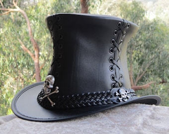 Black leather gothic vintage corset style Top Hat with wide hand braided leather band,  solid cast skull and crossbones badges