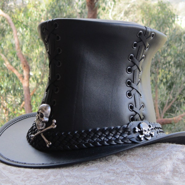 Black leather gothic vintage corset style Top Hat with wide hand braided leather band,  solid cast skull and crossbones badges