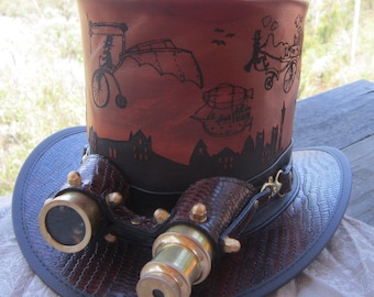 Hand made fantasy etched unique Steampunk Top Hat with golden Aviator goggles