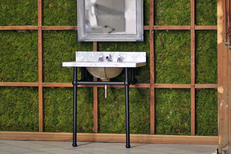 1920 S Inspired Bath Console Sink Art Deco Vanity Matte Black Legs White Carrara Marble Top Bath Sink Package