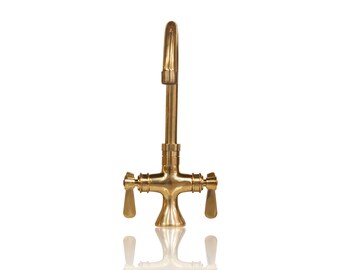 Unlacquered Natural Brass Single Hole Deck Mount 6-inch Arched Spout Faucet w/ Lever Handles