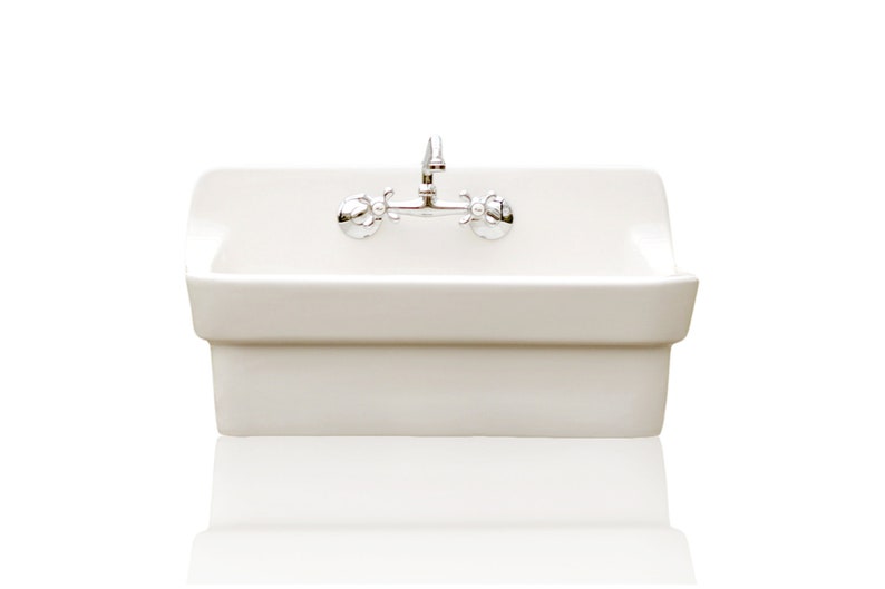 White Vintage Style High Back Farm Sink Original Porcelain Image 0