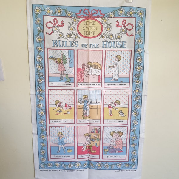 Vintage Tea Towel 80s 90s Rules of the House Heather Ross Ettrick Valley Daisy Blue   *