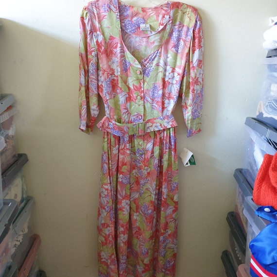Vintage Midi Tea Dress 80s Sz 10  40s Floral Oran… - image 2