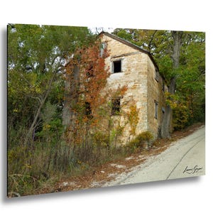 Impression de grange en pierre rustique : paysage d'automne du Texas (plusieurs tailles)