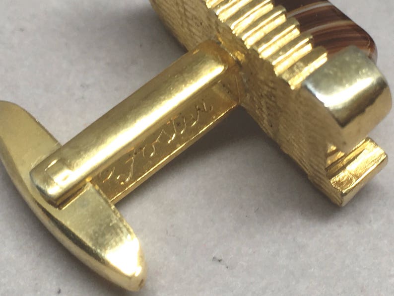 Vintage Foster Cuff Links /& Tie Bar Set Striped Brown Quartz Gold Tone Metal