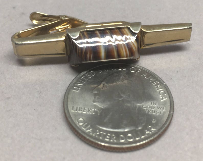 Vintage Foster Cuff Links /& Tie Bar Set Striped Brown Quartz Gold Tone Metal