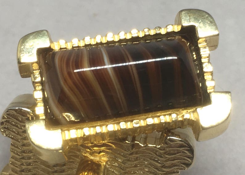 Vintage Foster Cuff Links /& Tie Bar Set Striped Brown Quartz Gold Tone Metal