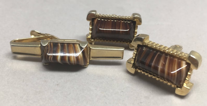 Vintage Foster Cuff Links /& Tie Bar Set Striped Brown Quartz Gold Tone Metal