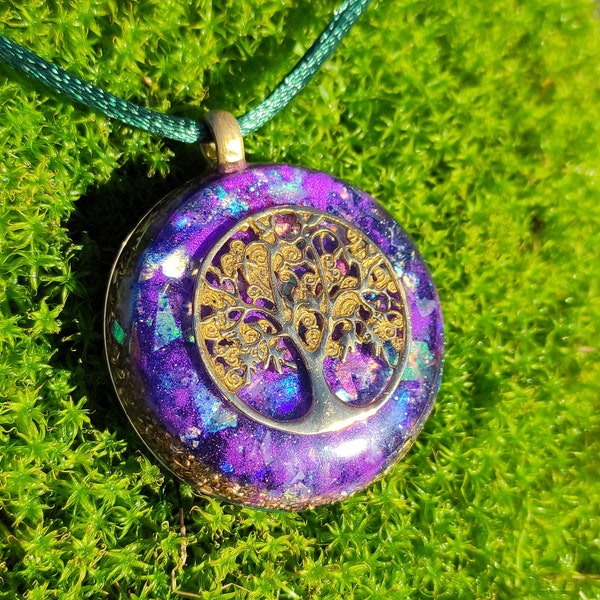 UNIQUE cOsMiC TREE of LIFE solid brass , orgone pendant, gold 24k, 7und 4mm long doubly terminated herkimer quartz crystals + spiral