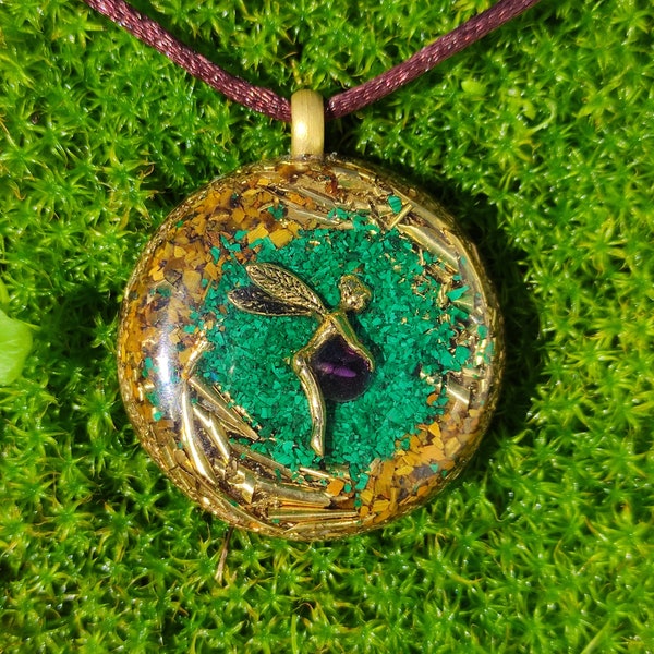 FAIRY amethyst  malachite & tiger eye, orgone pendant, gold 24k,  7x 4mm long doubly terminated herkimer quartz crystals + copper spiral