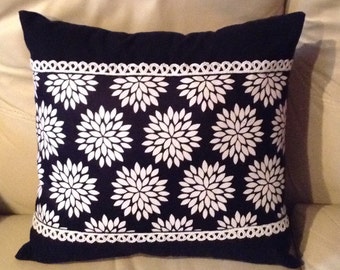 Decorative Pillow Cover for 18" x 18" insert ; Black & White Cotton Flannel Throw Pillowcase; Pillow slip; Cham; Home Décor Cushion Cover