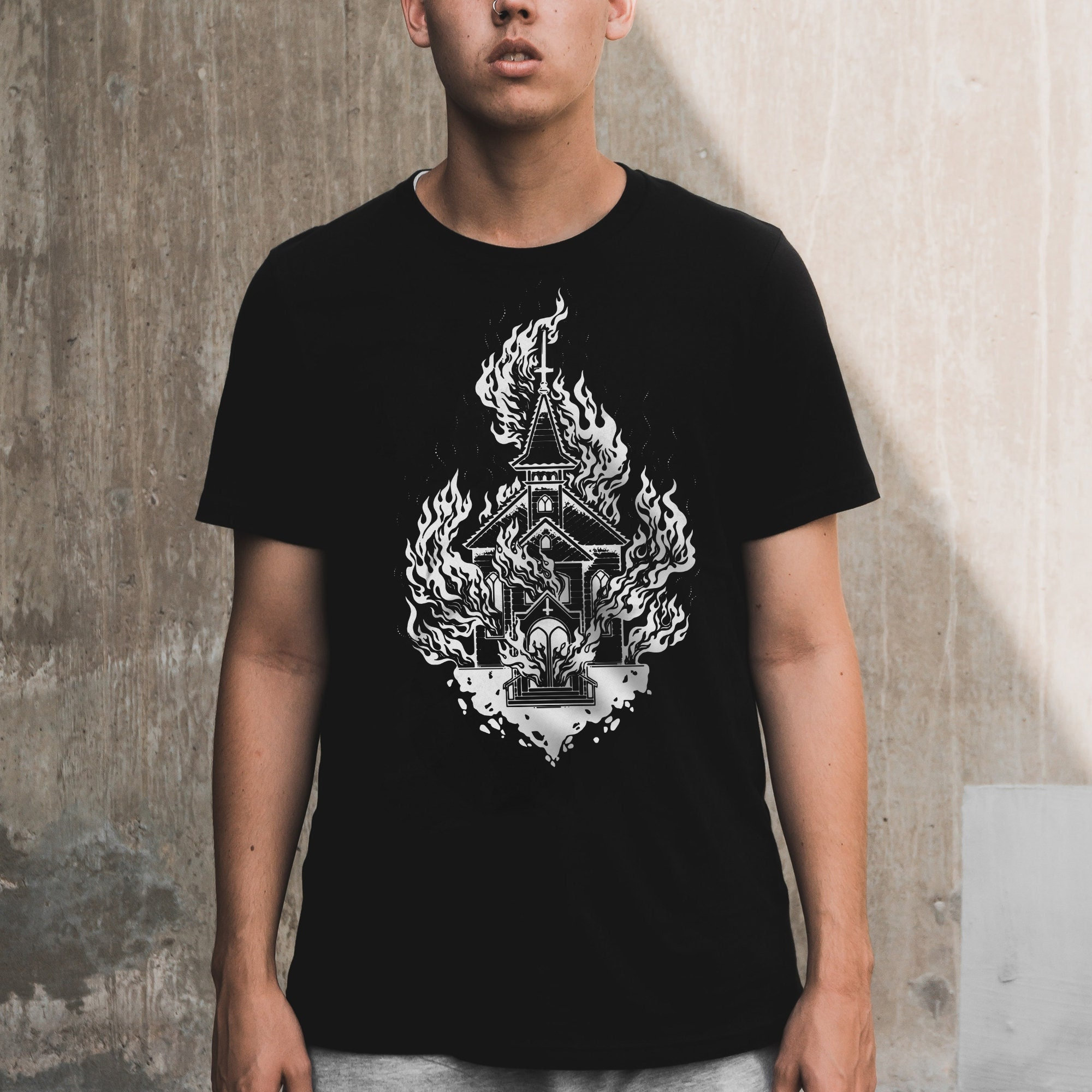 Tシャツ・カットソー BURNING CHURCH COTTON T-SHIRT WITH USED EFFECT burningchurchfront_1800x1800.