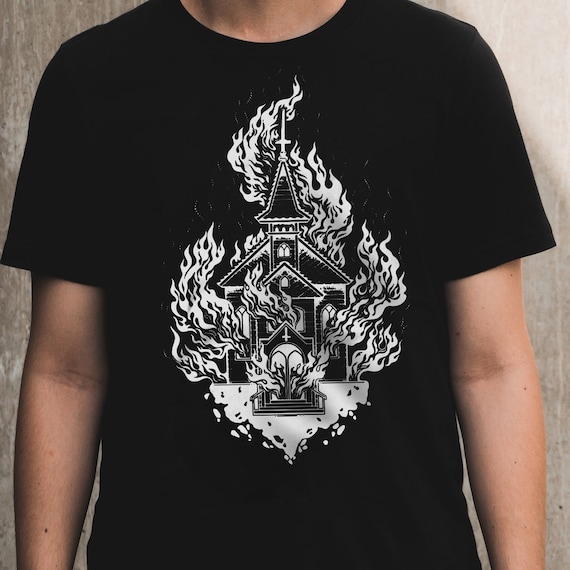 Tシャツ・カットソー BURNING CHURCH COTTON T-SHIRT WITH USED EFFECT Burning Church T Shirt | Shirt | Punk Clothing | Witchy
