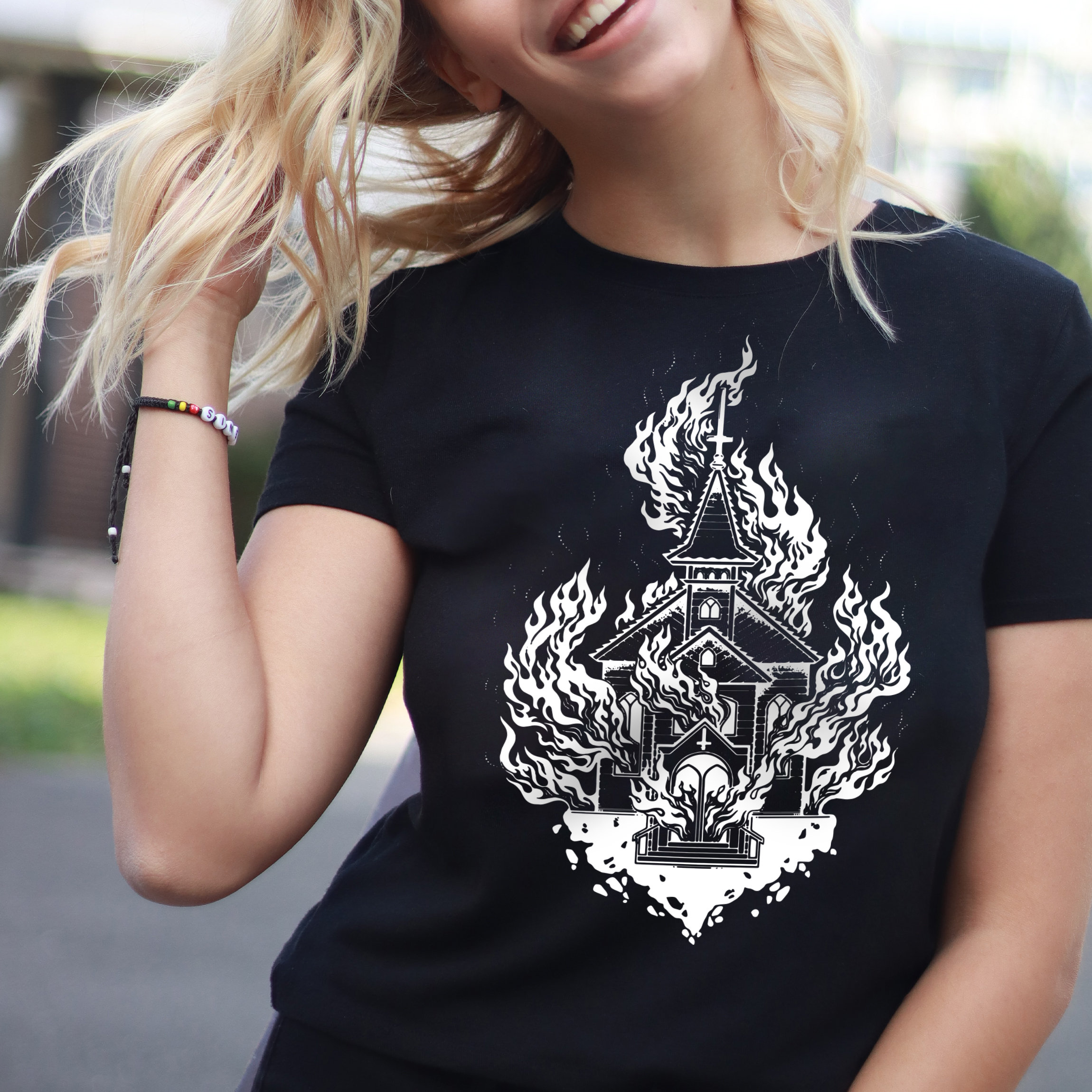 Tシャツ・カットソー BURNING CHURCH COTTON T-SHIRT WITH USED EFFECT Burning Church T Shirt | Shirt | Punk Clothing | Witchy