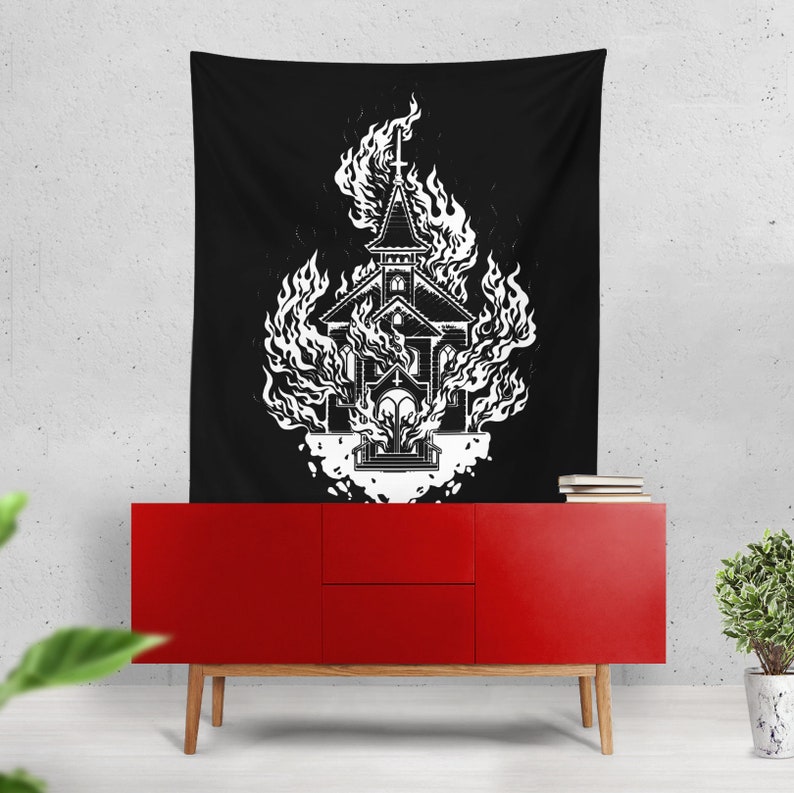 Burning Church Tapestry Wall Decor Art Dark Image 0
