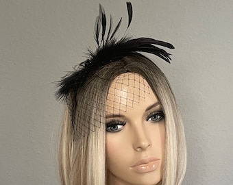 Fascinator with veil feathers pearls black bridal veil short wedding fascinator hair accessory headpiece opulent