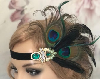 Opulent clapet cheveux accessoires bandeau cheveux 20s plumes noir vert paon plume broche hedpiece 20s Gatsby coiffure