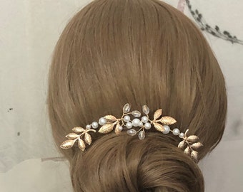 Demi-couronne de mariée en perles, feuilles dorées, vrille de cheveux, chignon minimaliste et élégant, accessoires pour cheveux, couvre-chef de mariage