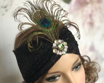 Prau Federn Flapper Turban Haarschmuck 20er Jahre Spitze schwarz 20s Great Gatsby Grün Brosche Party