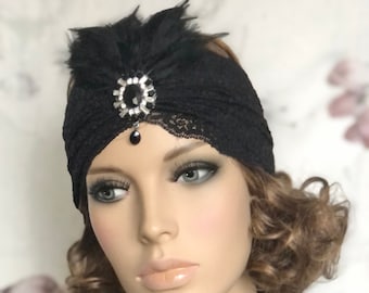 Turban en dentelle années 20, bandeau avec broche en strass noir, accessoires pour cheveux de fête, plumes Great Gatsby