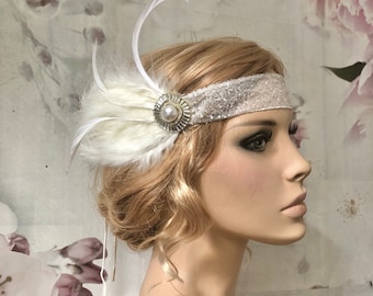 Haarschmuck Pailletten Flapper Haarband 20er Braut ivory Perlen Strass Brosche Federn Elfenbein Gatsby Party Kopfschmuck Hochzeit art deco