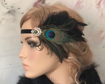 Pfau Flapper Haarschmuck Haarband 20er Federn schwarz grün Pfau Feder Brosche hedpiece 20s Gatsby Kopfschmuck