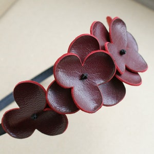 Leather hairband burgundy "Christine" hair accessories wine red floral headpiece During the day Festive