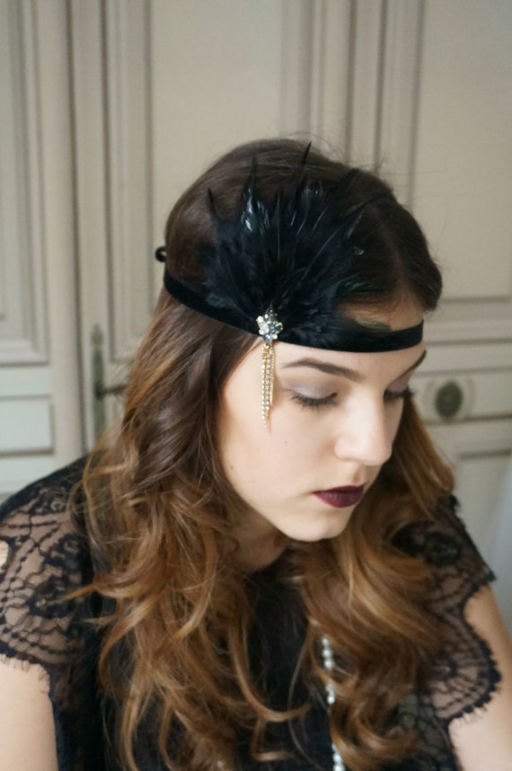 Hair Band 20s Flapper Hair Ornament Feathers Rhinestone Black Etsy