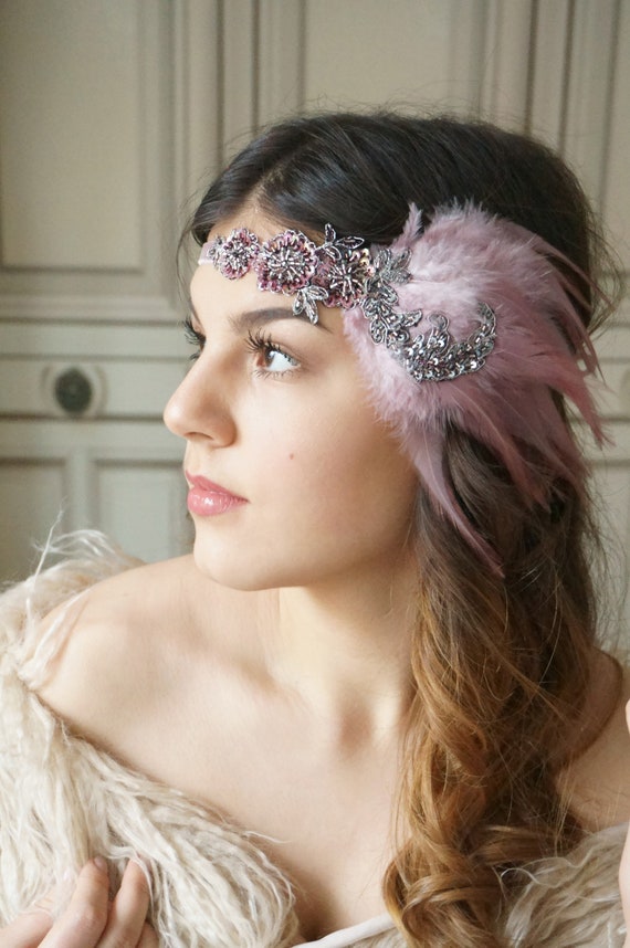 Hair Accessory 1920s Headband Lace Dusty Rose Sequins Pearl  display picture 1