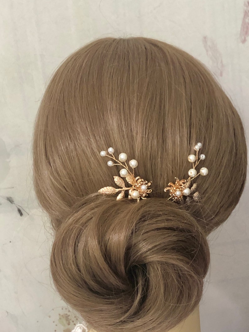 Épingle à cheveux de mariée, fleurs, perles dorées, feuilles, accessoires pour cheveux simples, minimalistes et élégants, couvre-chef de mariage image 9